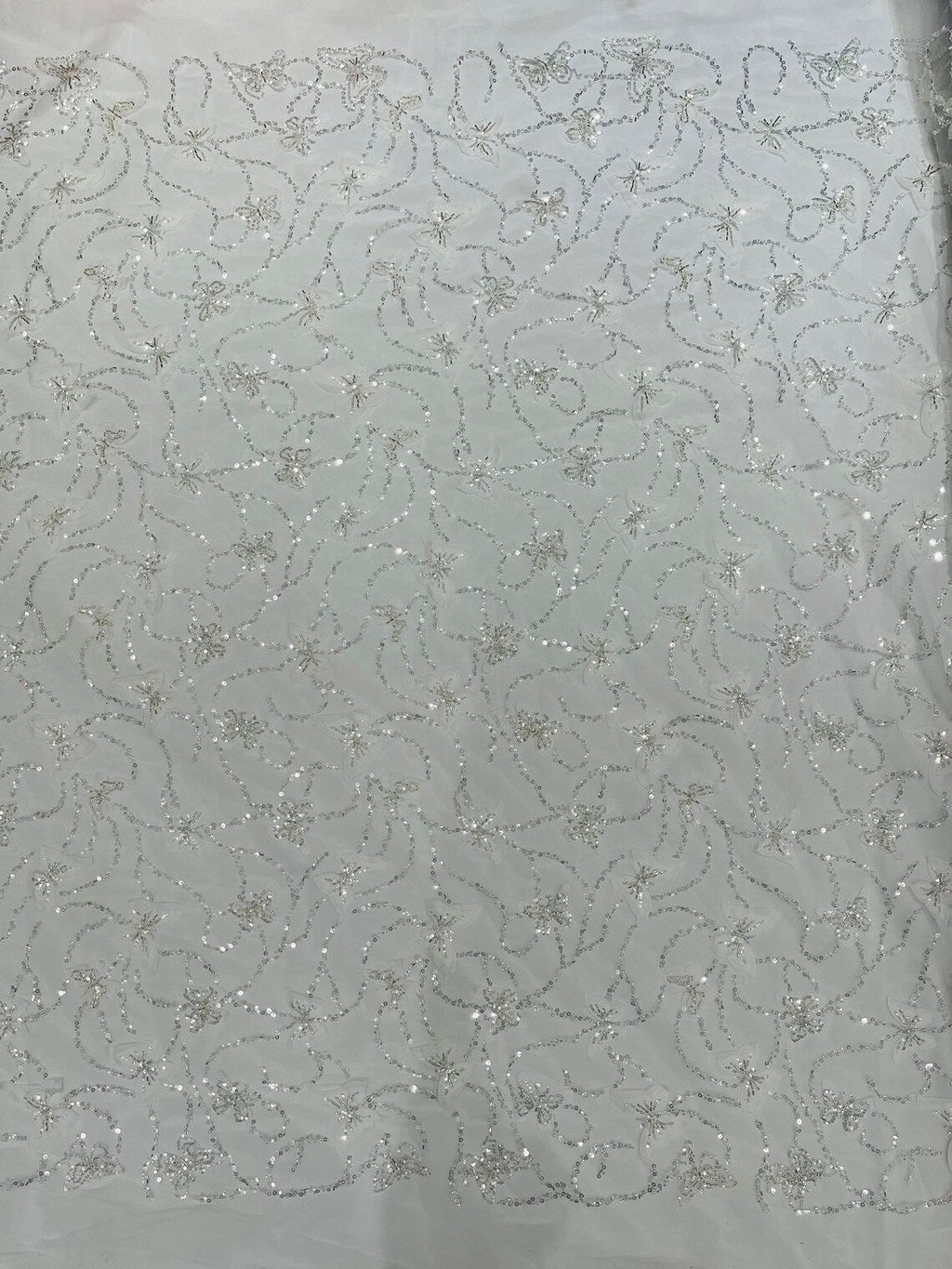 3D Butterfly Beaded Fabric - White - Beaded Sequins Butterfly Embroidered Fabric By Yard
