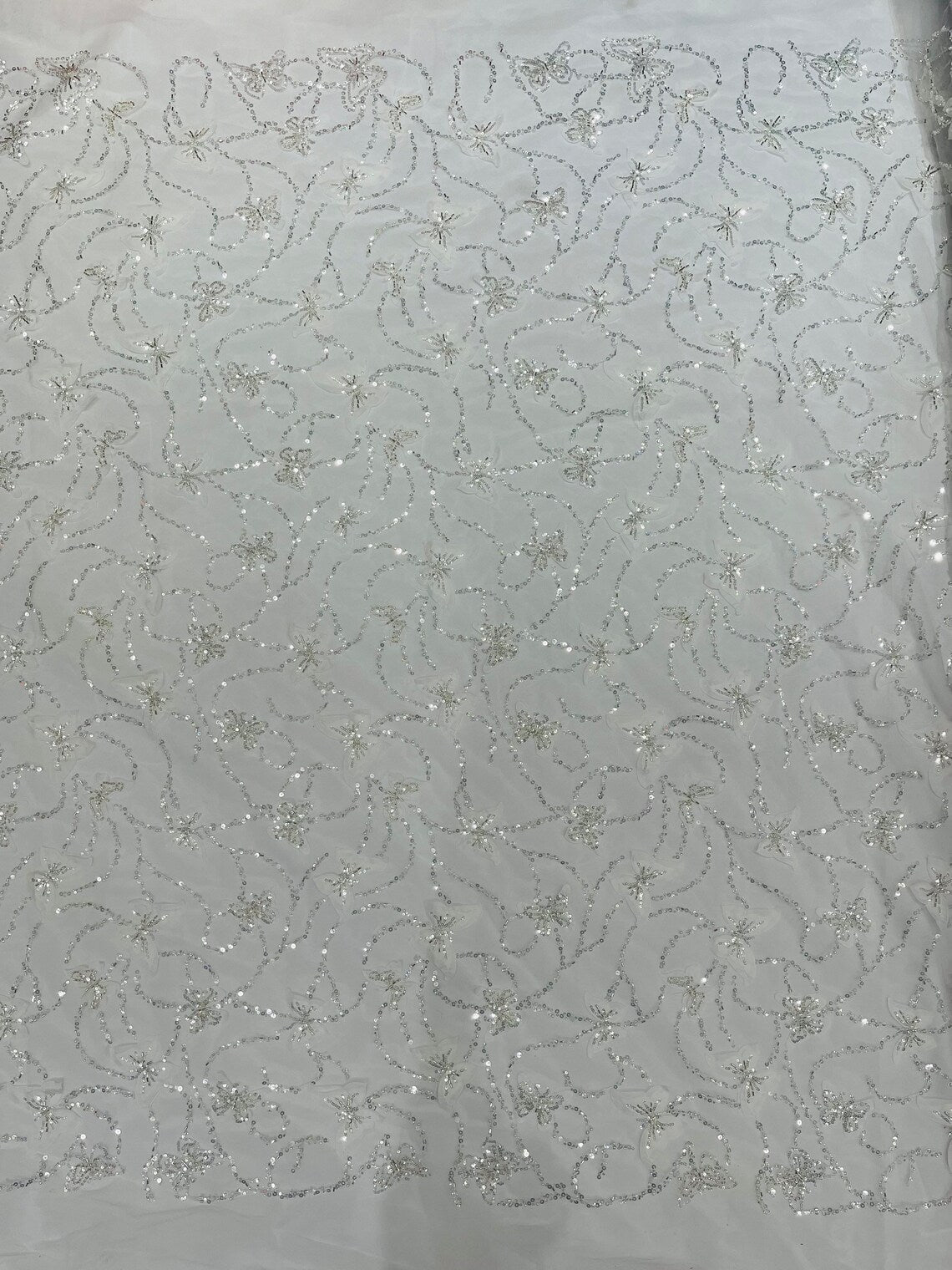 3D Butterfly Beaded Fabric - White - Beaded Sequins Butterfly Embroidered Fabric By Yard