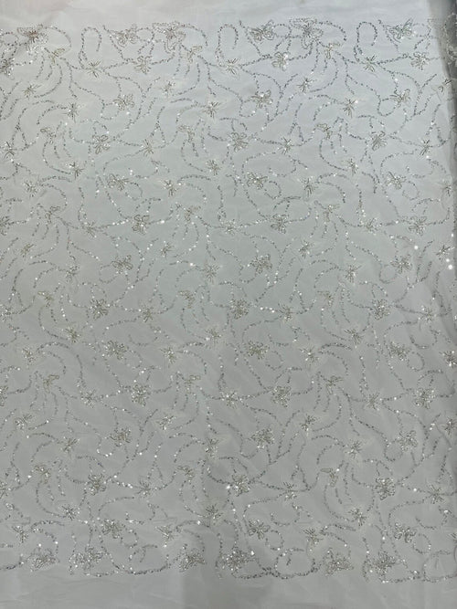3D Butterfly Beaded Fabric - White - Beaded Sequins Butterfly Embroidered Fabric By Yard