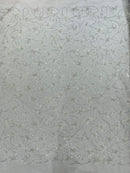 3D Butterfly Beaded Fabric - White - Beaded Sequins Butterfly Embroidered Fabric By Yard