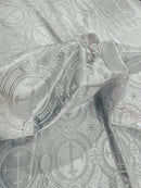 Brocade Cross Fabric - White / Silver - Church Vestment Religious Jacquard Fabric By Yard