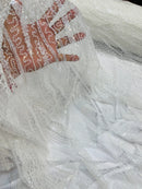 Wavy Design Beaded Fabric - White - Beaded Wavy Leaf Embroidered Fabric By Yard