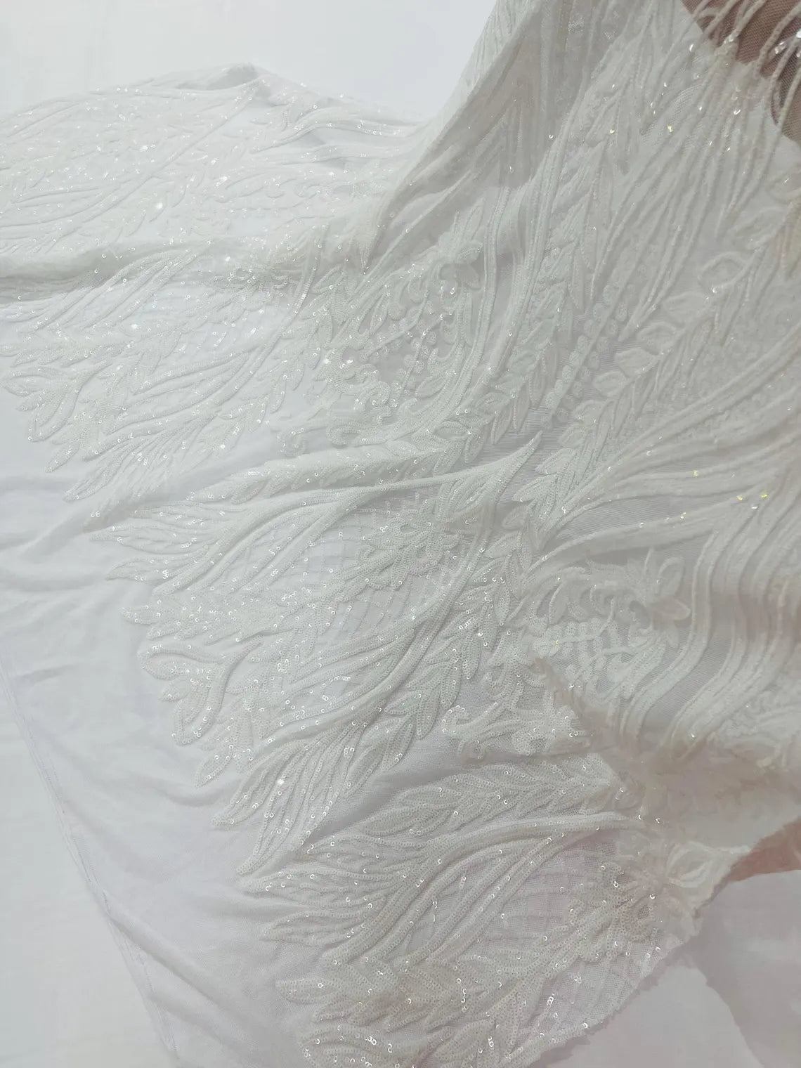Mermaid Design Sequins Fabric - White - Sequins Fabric 4 Way Stretch on Mesh By Yard