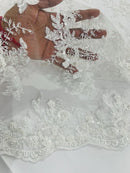 Floral Leaf Beaded Fabric - White - Embroidered Flower Leaf Design Beaded Fabric By Yard