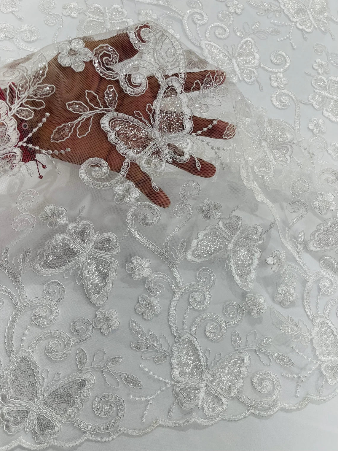 Butterfly Swirl Lace Fabric - White - Metallic Sequins Design on Lace Fabric By Yard