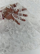 Butterfly Swirl Lace Fabric - White - Metallic Sequins Design on Lace Fabric By Yard