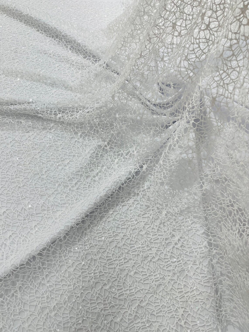Cast Net Sequins Fabric - White - Embroidery Fish Net Design Sequins Lace Fabric By Yard