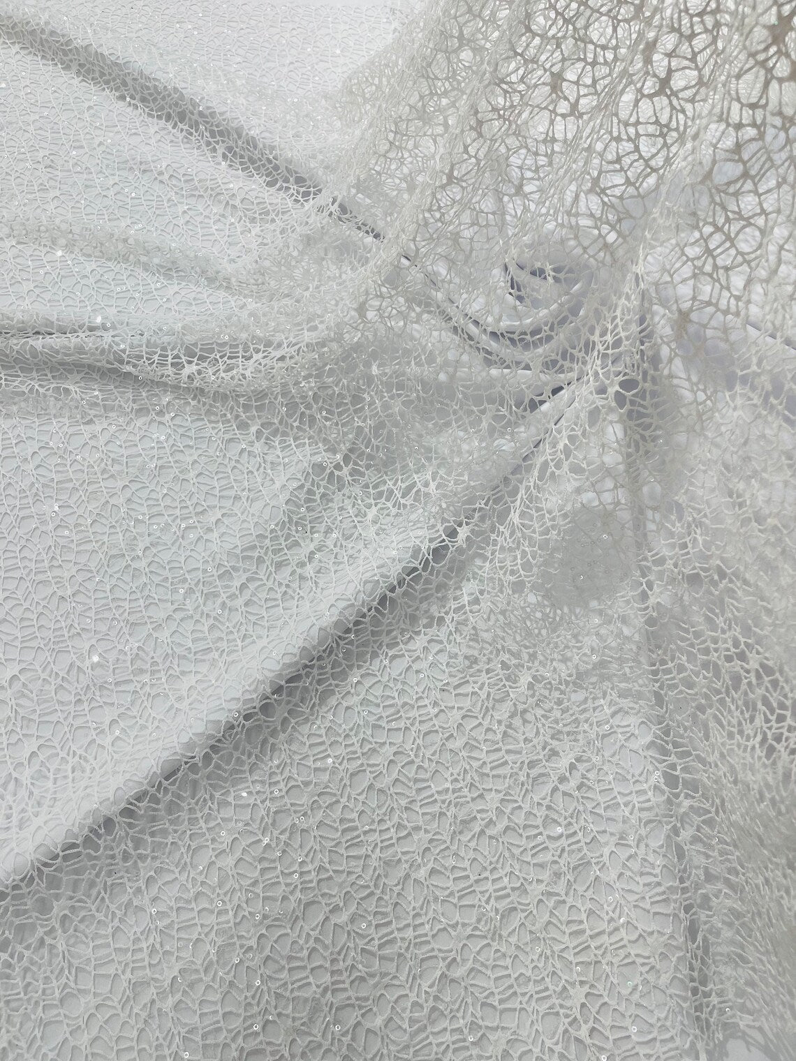 Cast Net Sequins Fabric - White - Embroidery Fish Net Design Sequins Lace Fabric By Yard