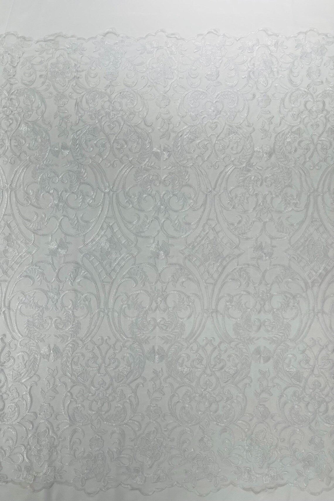 Fancy Damask Lace Fabric - White - Embroidered Damask Design Mesh on Lace Fabric by Yard