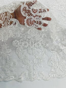 King Lace Pattern Fabric - White - Embroidered Sequins on Lace Mesh Fabric By Yard