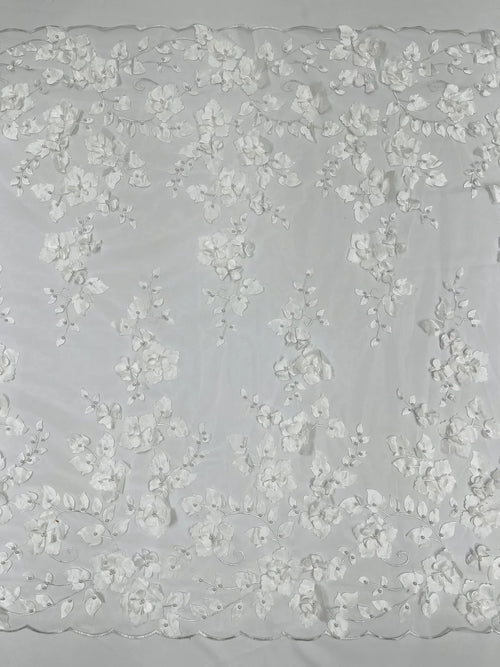3D Floral Pearl Fabric - White - Embroidered Floral Pearl Fabric Double Border On Mesh By Yard