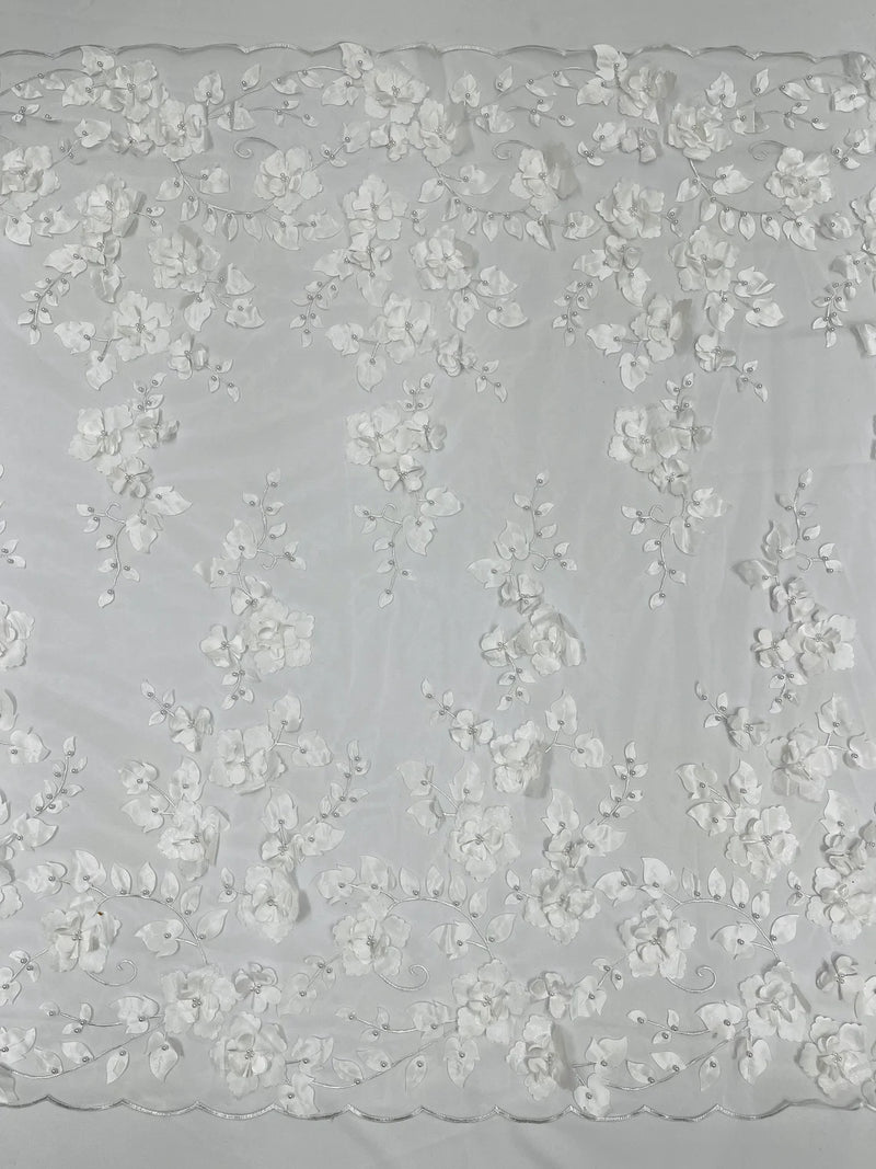 3D Floral Pearl Fabric - White - Embroidered Floral Pearl Fabric Double Border On Mesh By Yard