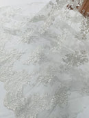 Floral Damask Lace Fabric - White - Embroidered Damask Flowers on Lace Fabric By Yard