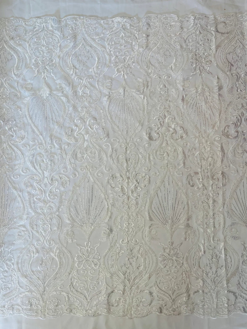 Damask Leaf Bead Fabric - White - Heavy Beaded Embroidered Sequins Lace Fabric by Yard
