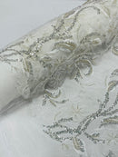 3D Tulle Flower Bead Fabric - White - Mesh Flower Plant Design with Beads By Yard