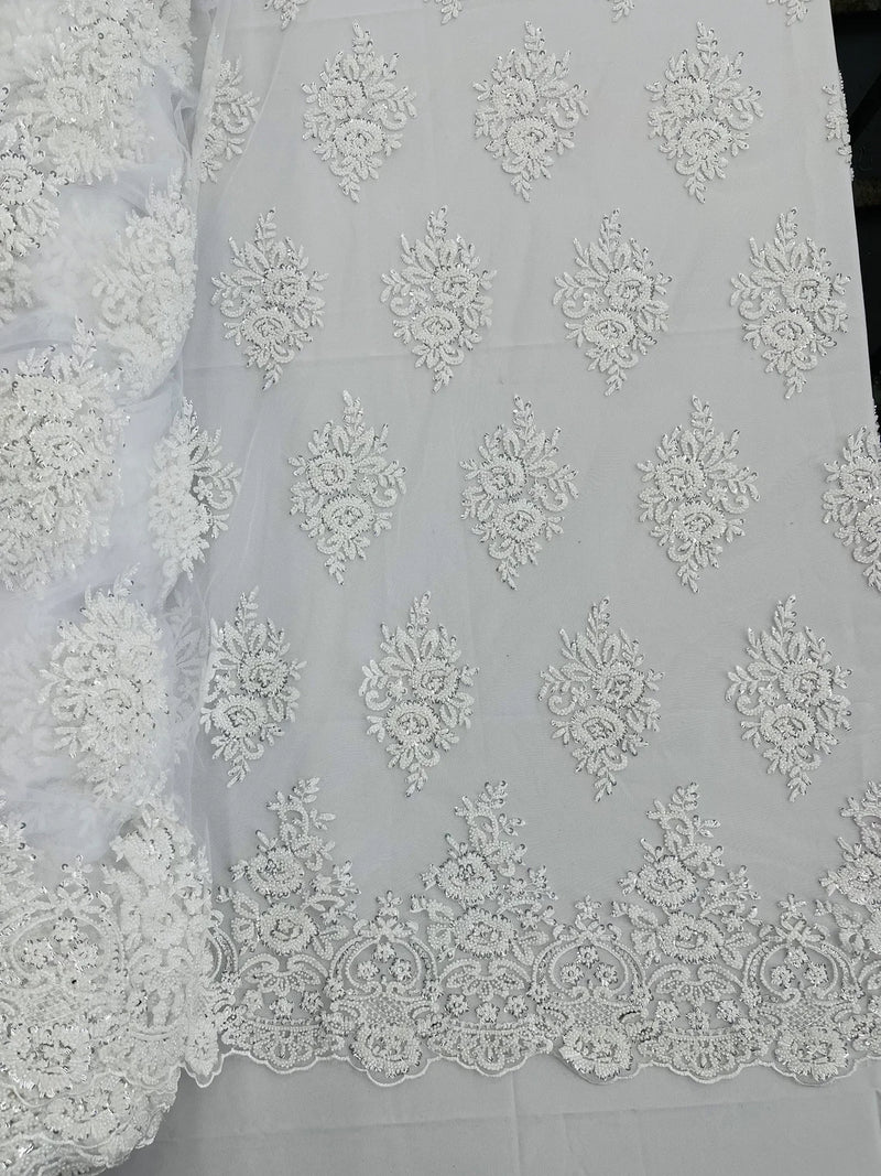 Heavy Beaded Floral Fabric - White - Luxury Heavy Duty Bead Bridal Floral Cluster Lace Fabric by the yard