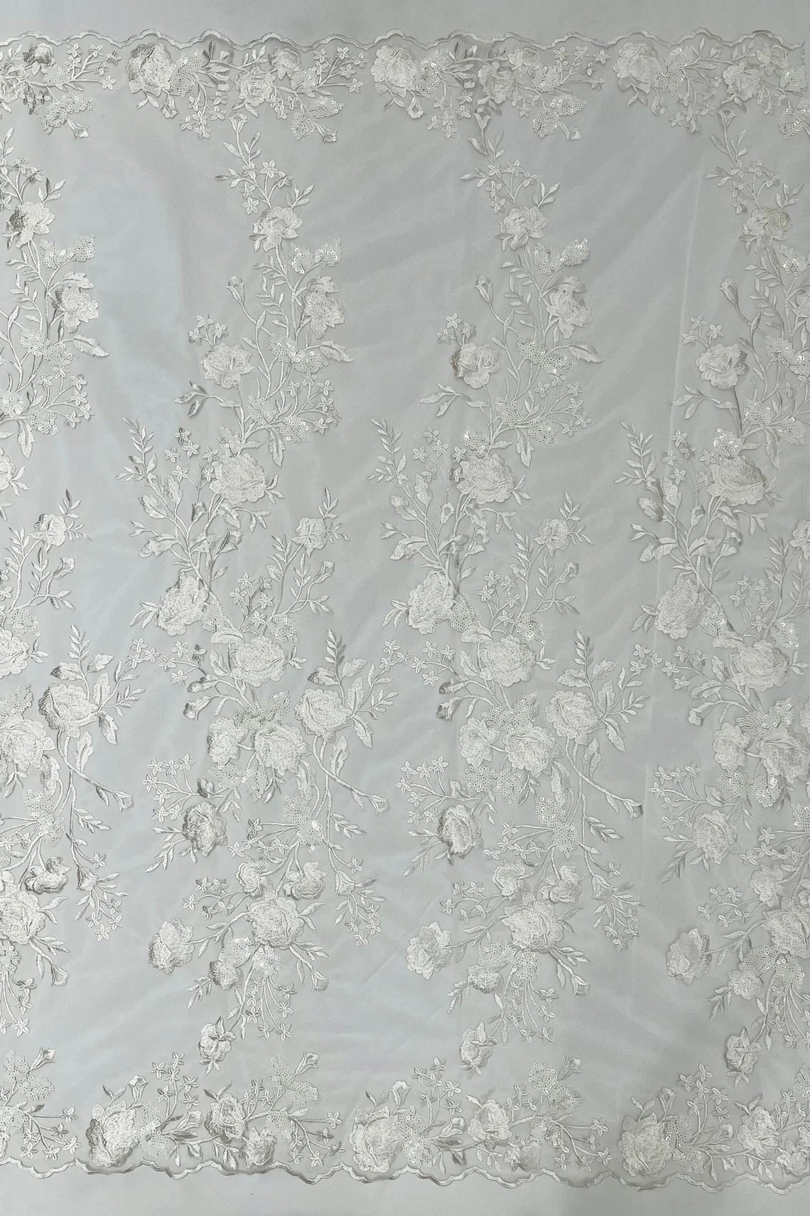 Sequins Lace Rose Design - White - Embroidered Rose Plant Design on Lace Fabric Sold By Yard