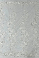 Sequins Lace Rose Design - White - Embroidered Rose Plant Design on Lace Fabric Sold By Yard