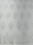 Floral Lace Flower Fabric - White - Floral Embroidered Fabric with Sequins on Lace By Yard