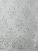 Floral Pearl Bead Fabric - White - Flower Design with Beads and Sequins Fabric Sold By Yard