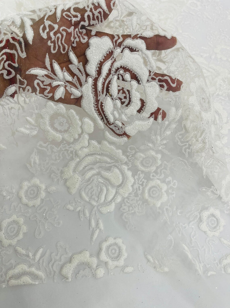 3D Rose Chunky Glitter Fabric - White - Rose Floral Design Glitter on Tulle Fabric Sold by Yard