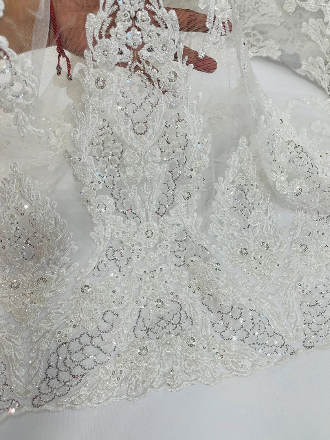 Heavy Bead Floral Fabric - White - Beaded Flower Design Fabric Fancy Border By Yard