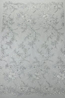Two Tone Lace Floral Fabric - White - Embroidered Flower Designs with Sequins on Lace Fabric Sold By Yard