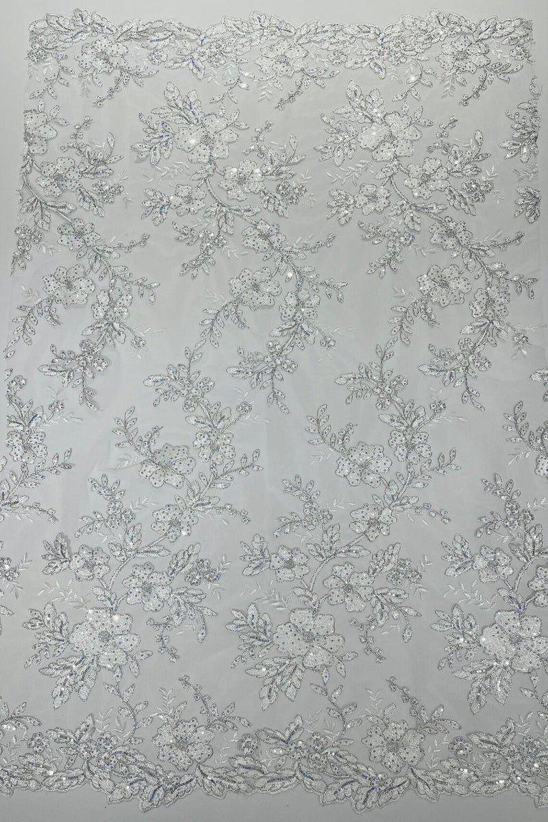 Two Tone Lace Floral Fabric - White - Embroidered Flower Designs with Sequins on Lace Fabric Sold By Yard