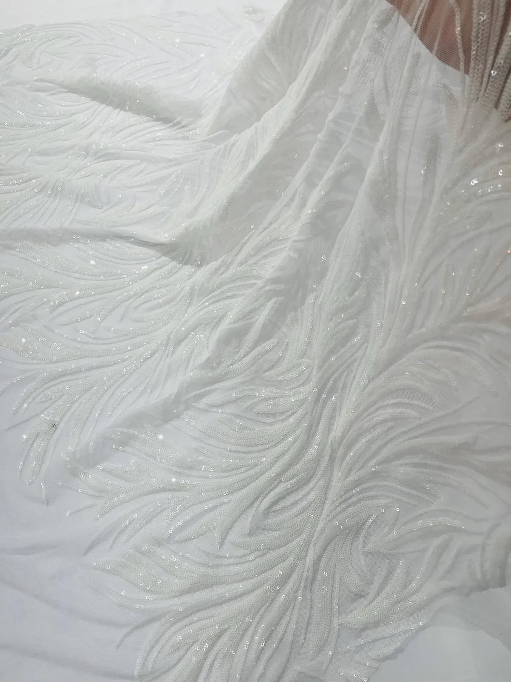 Leaf Design Stretch Sequins - White - 4 Way Stretch Lace Mesh Sequins Fabric by Yard