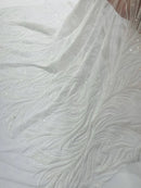 Leaf Design Stretch Sequins - White - 4 Way Stretch Lace Mesh Sequins Fabric by Yard
