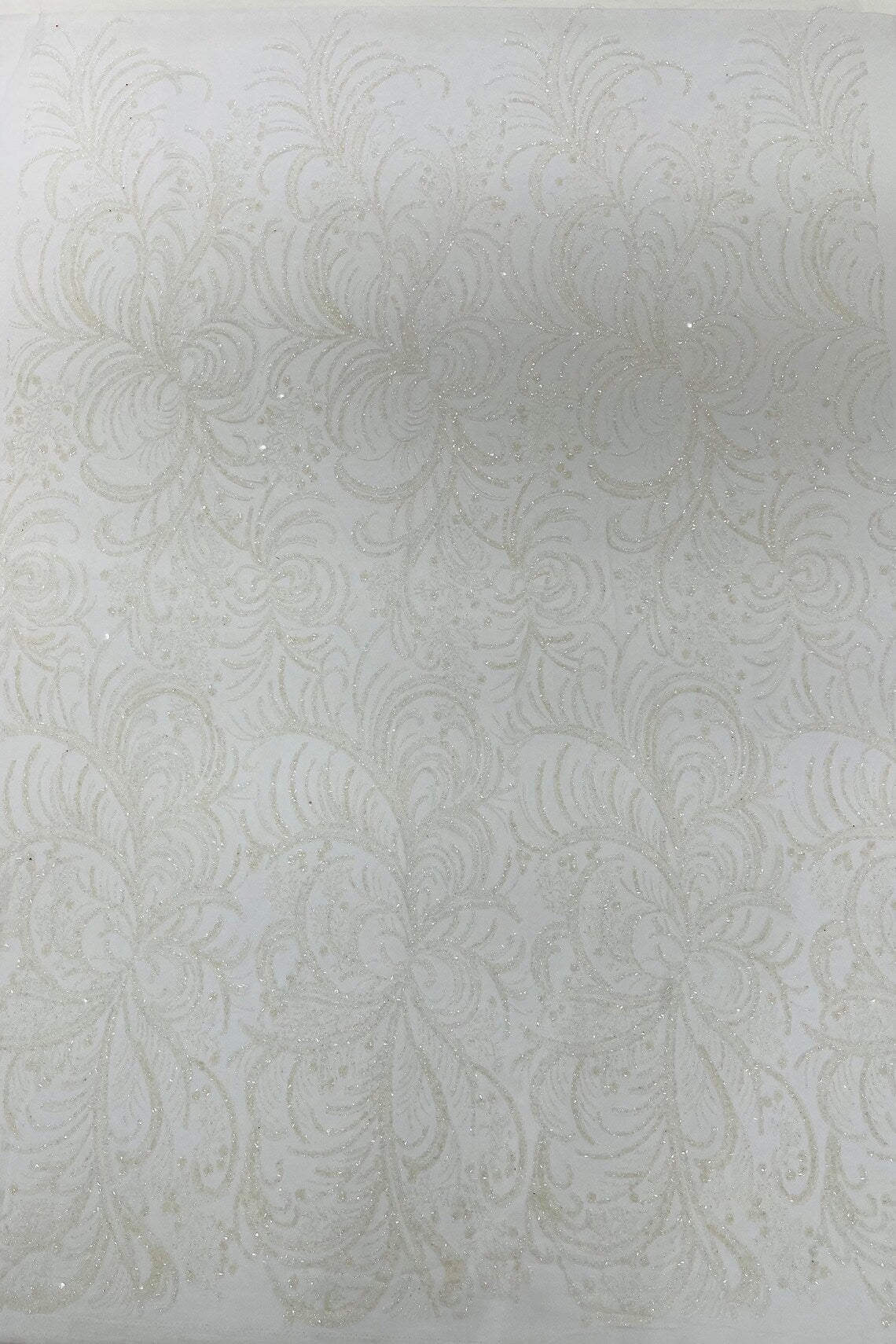 Glitter Palm Leaf Design Fabric - White - Tulle Mesh Glitter Leaf Design Fabric Sold By Yard