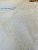 Beaded Floral Plant Design - White - Embroidered Beaded Flower Plants Sequins Fabric By Yard