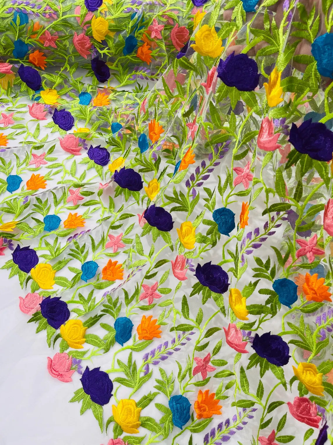 Multi-Color Mexican Sarape Fabric - White Mesh Flower Design Embroidered Lace Fabric By Yard