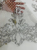 King Damask Design Fabric - White - Embroidered Corded Mesh Lace Fabric with Sequins By Yard