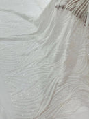Curvy Line Design Fabric - White - 4 Way Stretch Sequins Design Mesh Lace Fabric by Yard