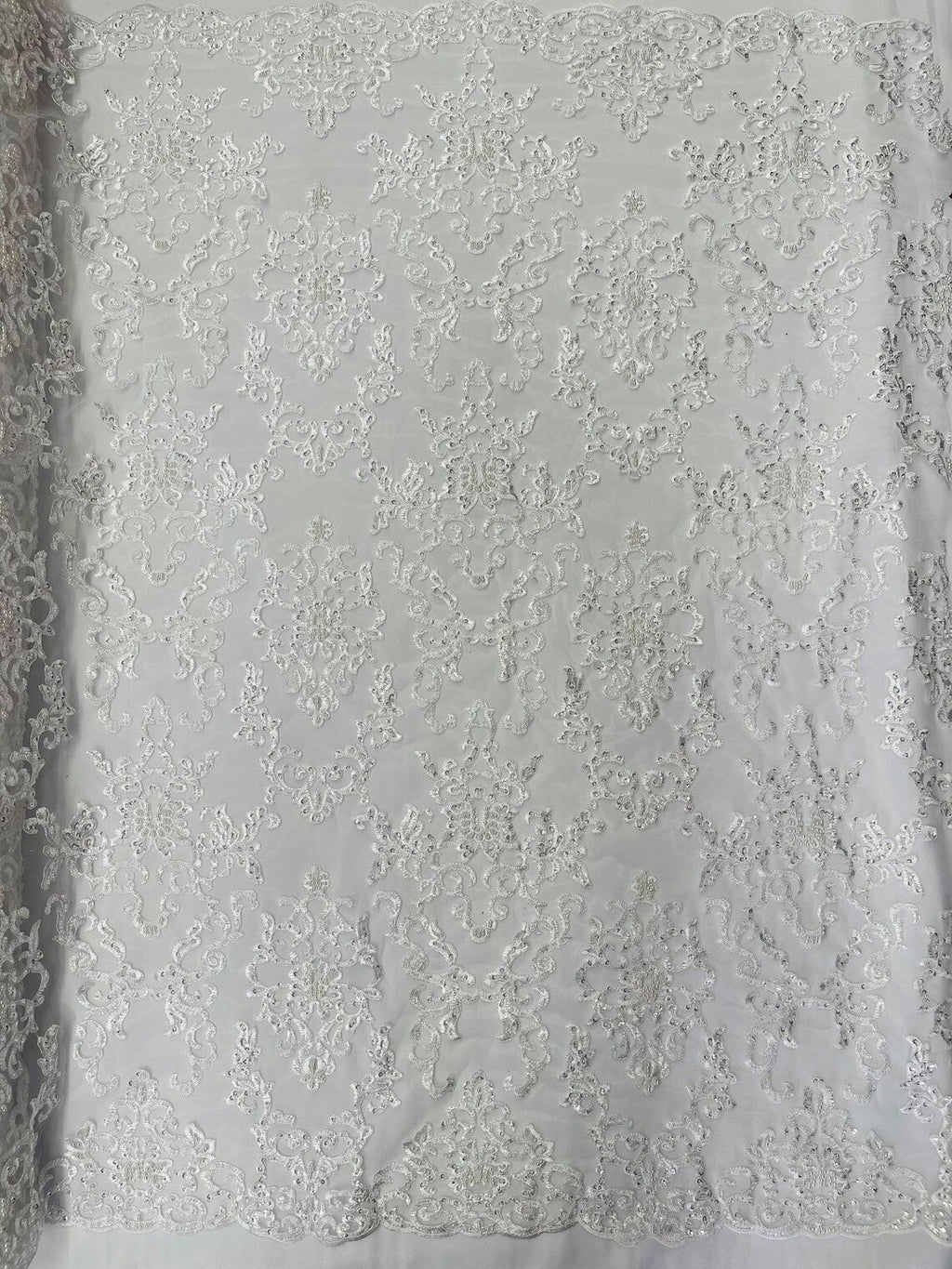 Floral Leaf Bead Sequins Fabric - White - Leaf Nature Beaded Sequins Lace Fabric by the yard