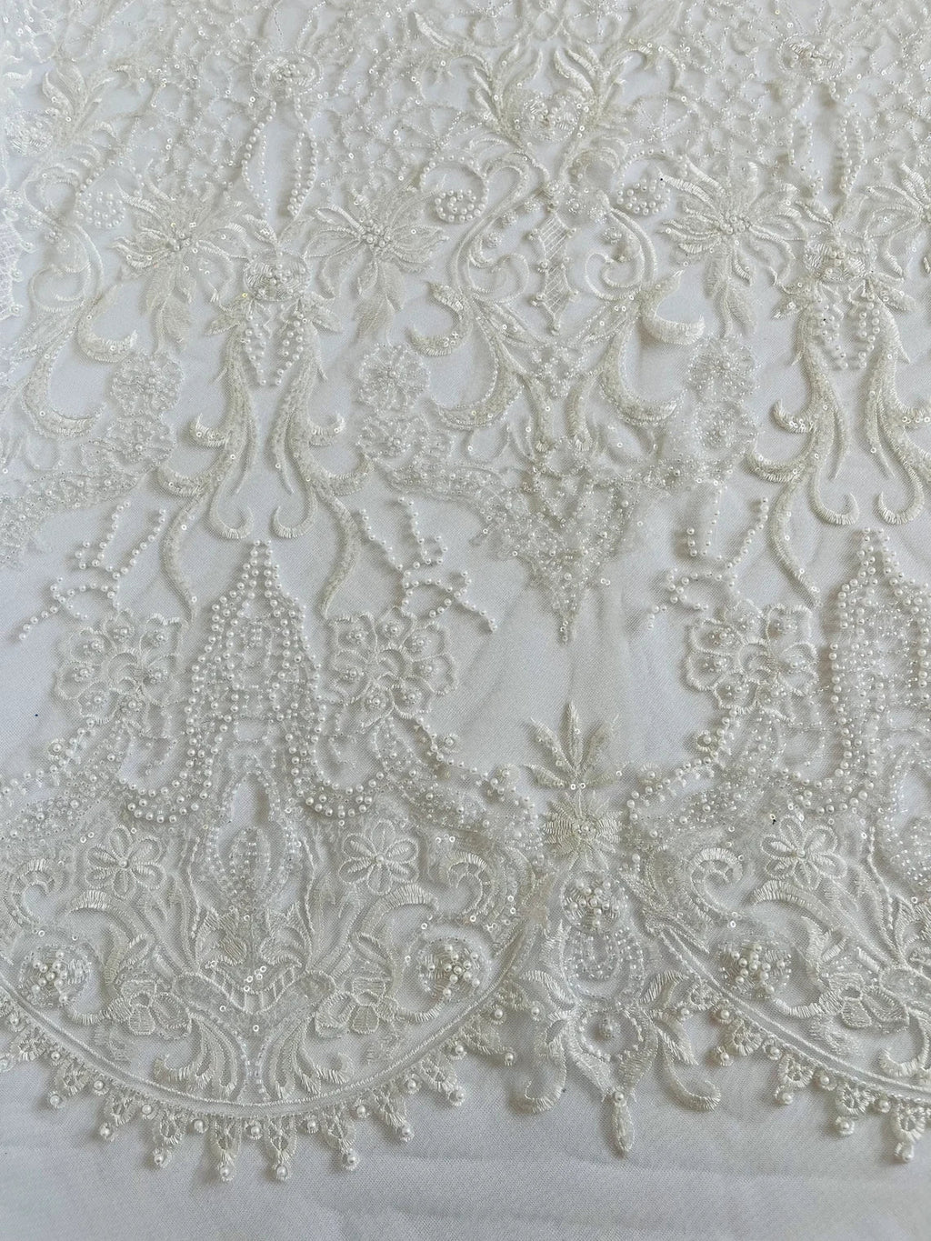 Beaded Fabric by yard - White - Damask Pattern With Beads and Sequin, Appliqué Lace for Bridal and Prom Dress