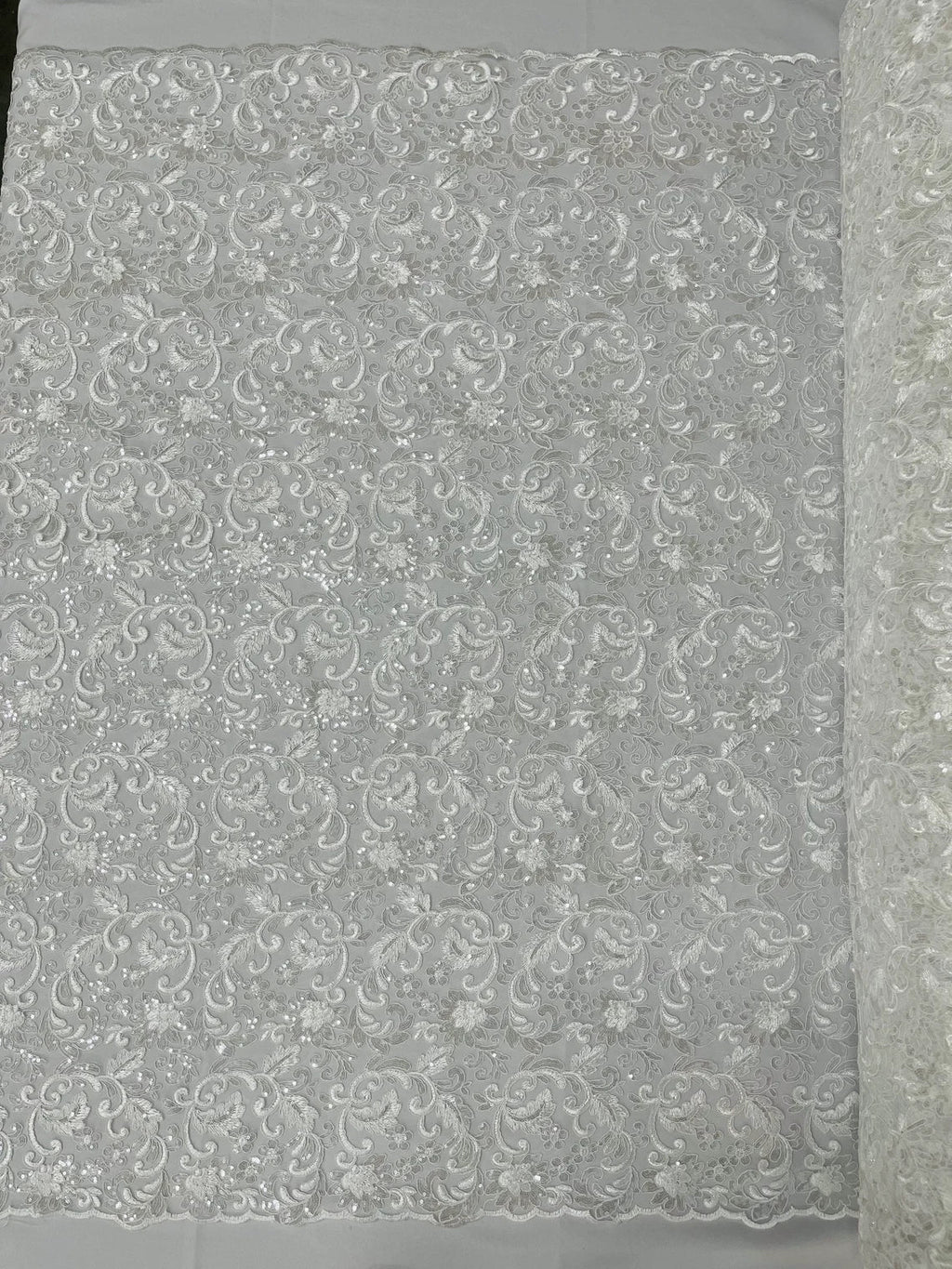 Metallic Floral Lace Fabric - White - Embroidered Sequins Floral Design Yard