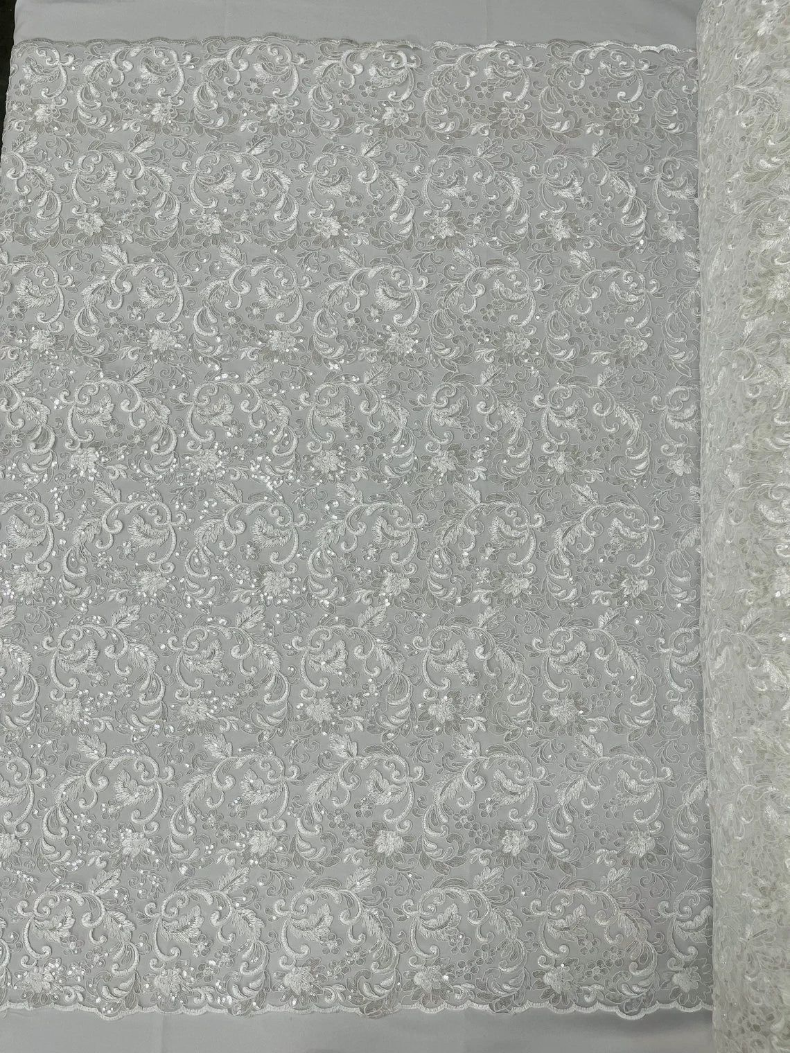 Metallic Floral Lace Fabric - White - Embroidered Sequins Floral Design Yard