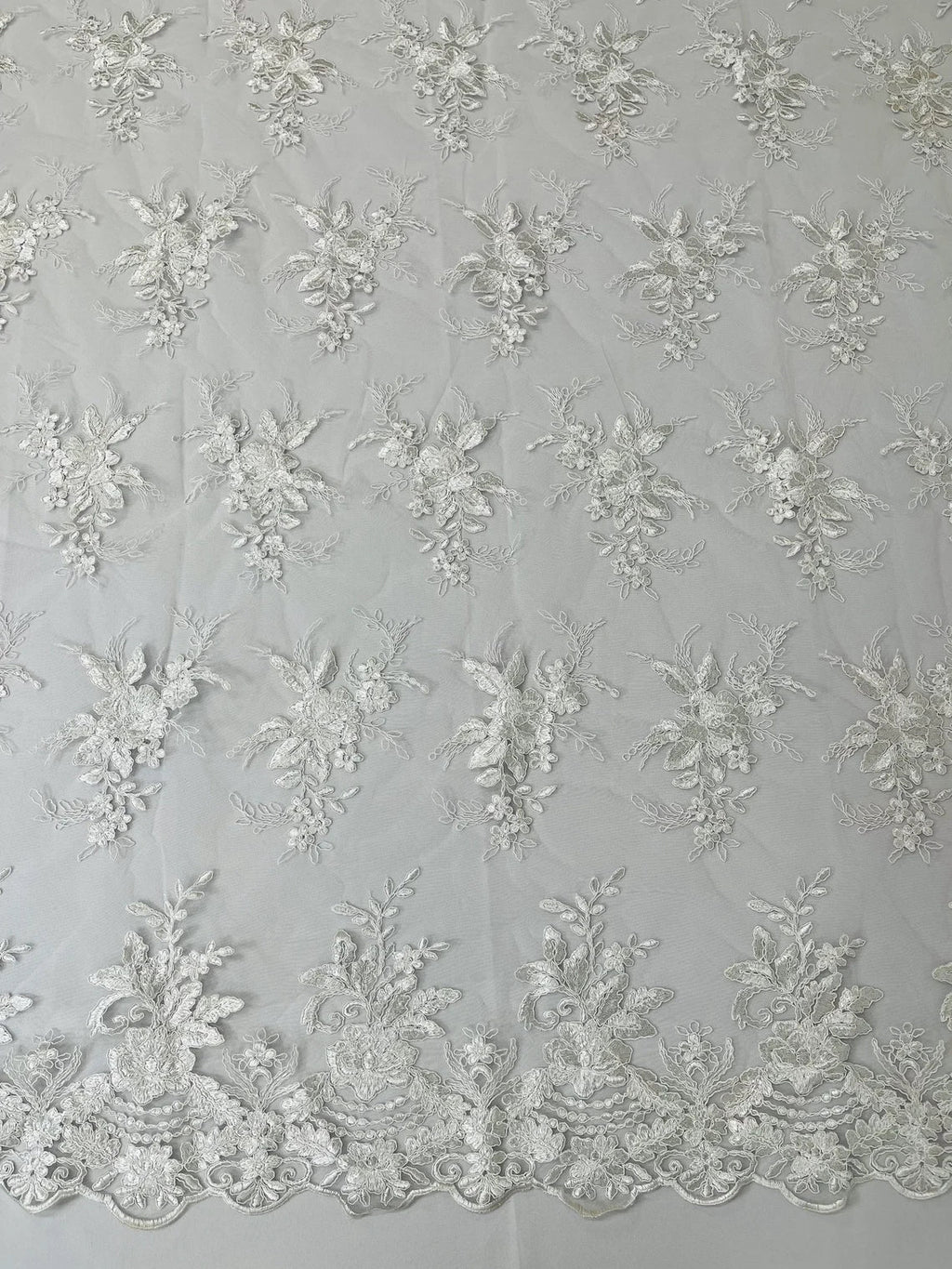 Floral Plant Lace Fabric - White - Flower Plant Design Lace Sequins Fabric Sold By Yard