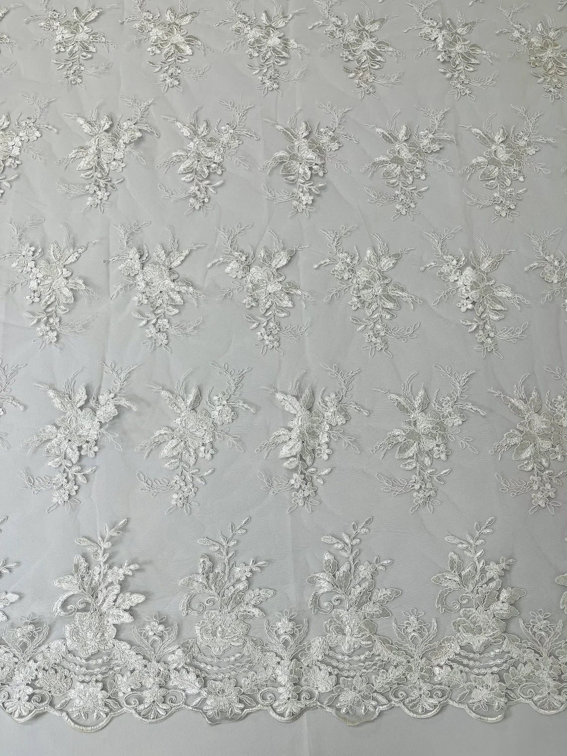 Floral Plant Lace Fabric - White - Flower Plant Design Lace Sequins Fabric Sold By Yard