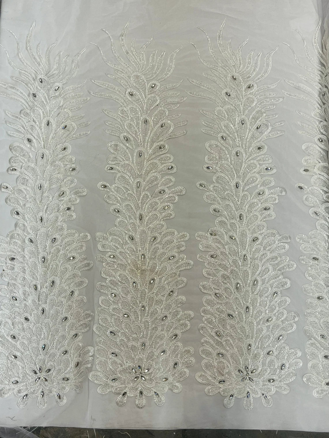 3D Beaded Peacock Feathers - Vegas Design Embroidered Sequins and Beads On a Mesh Lace Fabric - 15 Yard Roll
