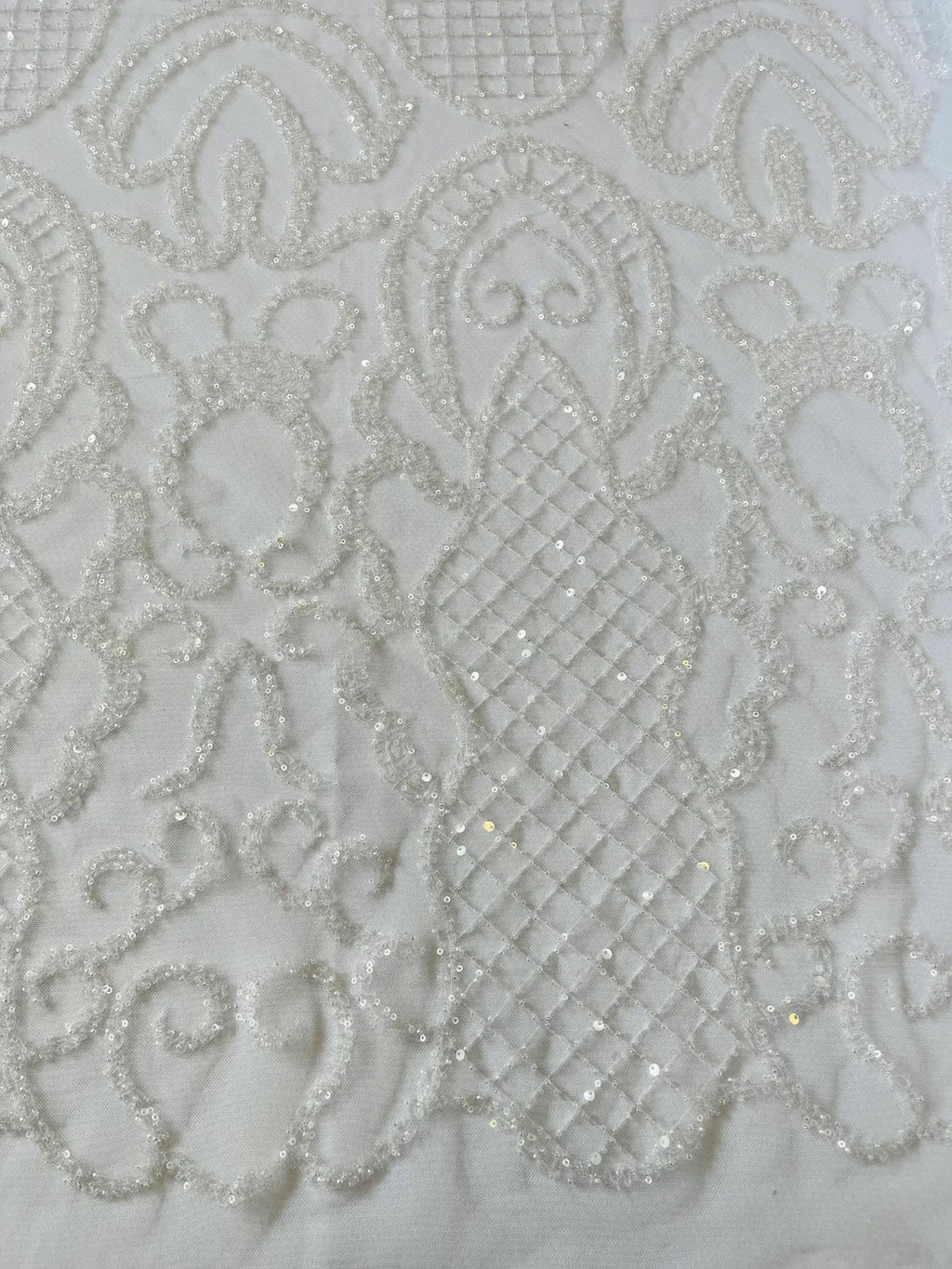 Beaded Fashion Design Fabric - White - Beaded Embroidered Damask Style Fabric on Mesh By Yard