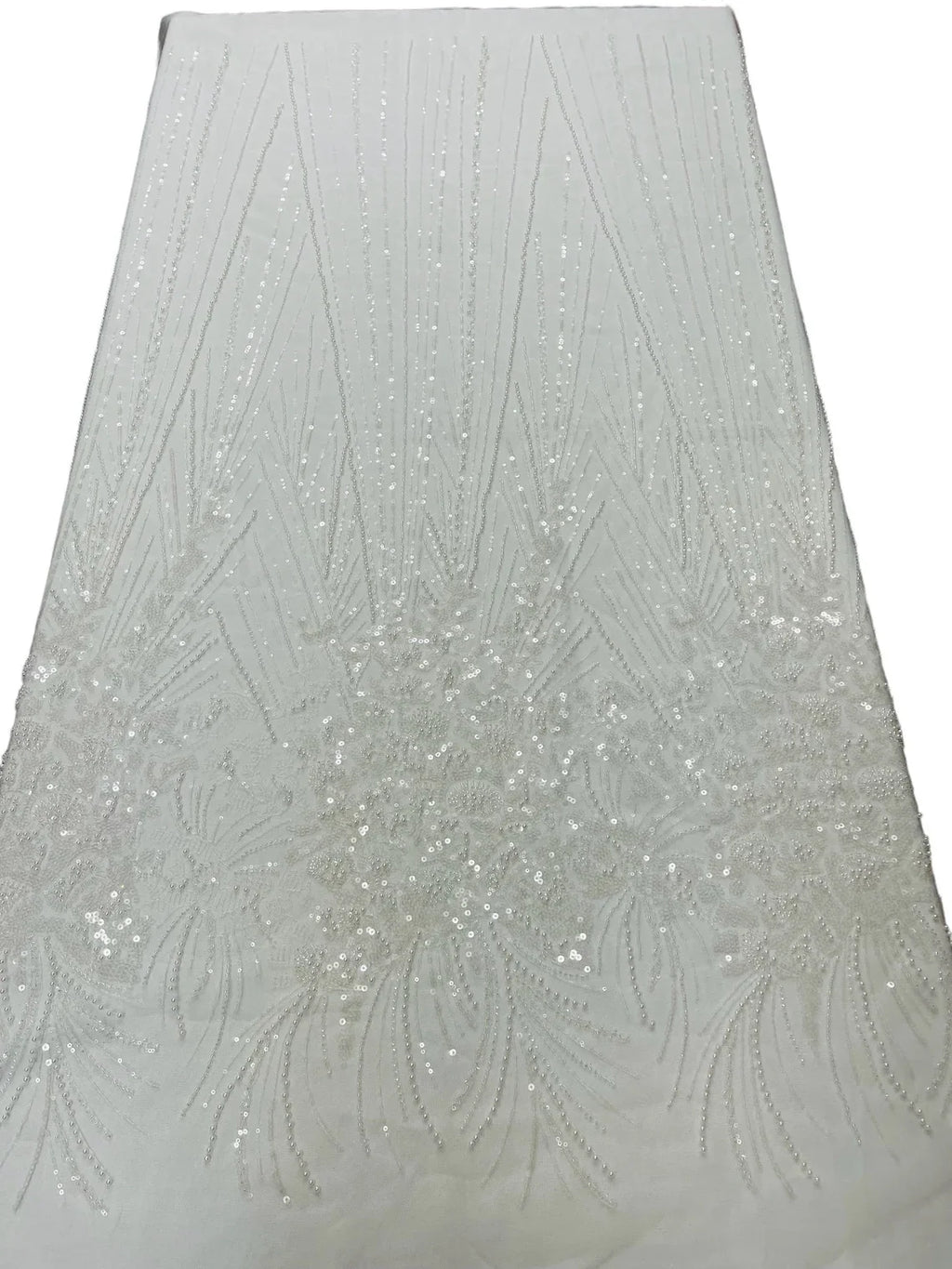 Beaded Floral Line Fabric - White - Beaded Embroidered Lines and Flowers on Mesh By Yard