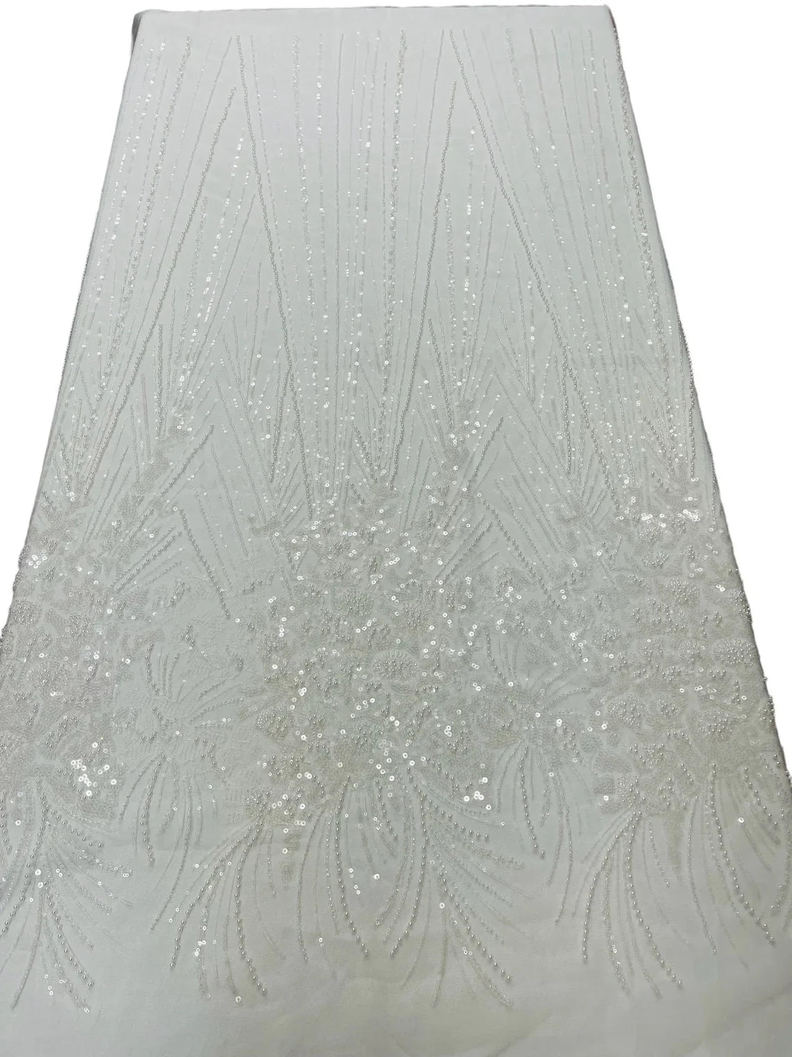 Beaded Floral Line Fabric - White - Beaded Embroidered Lines and Flowers on Mesh By Yard