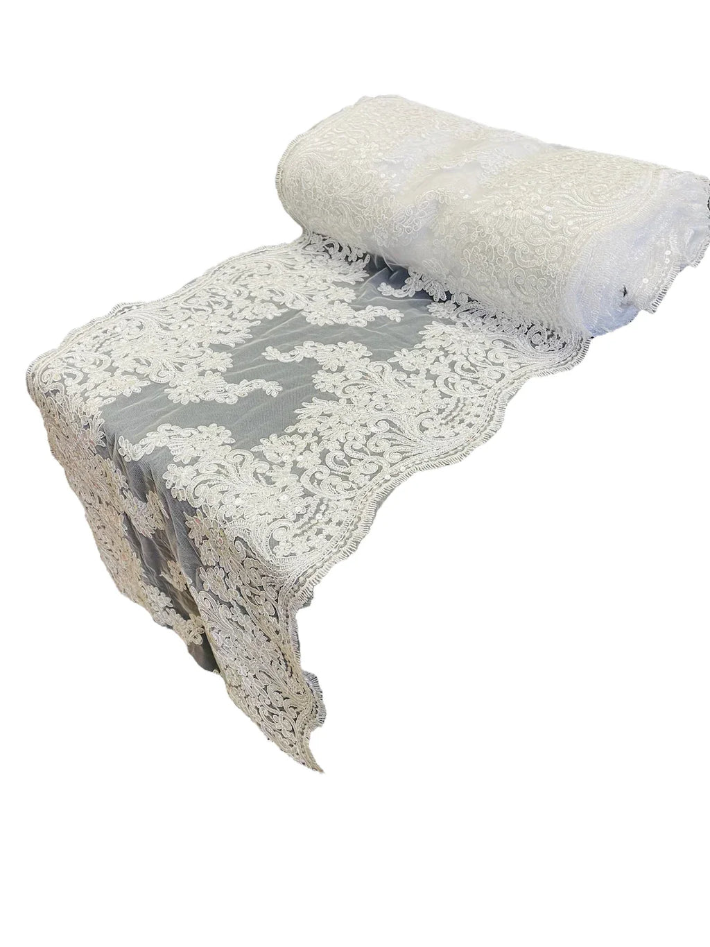 14" Metallic Floral Design Lace Table Runner - White - Event Table Decor Runner Sold By Yard