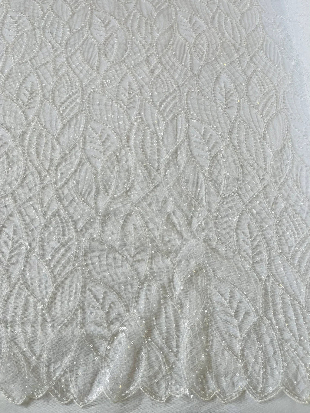 Beaded Leaf Designs Fabric - White - Embroidered Beads in Leaves Pattern Sold By Yard