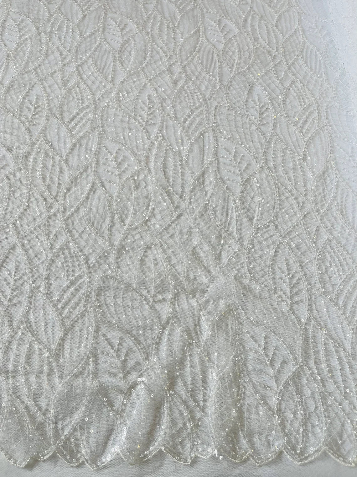 Beaded Leaf Designs Fabric - White - Embroidered Beads in Leaves Pattern Sold By Yard