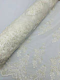 Beaded Floral Fabric - White - Embroidered Flower Cluster Beaded Fabric Sold By Yard