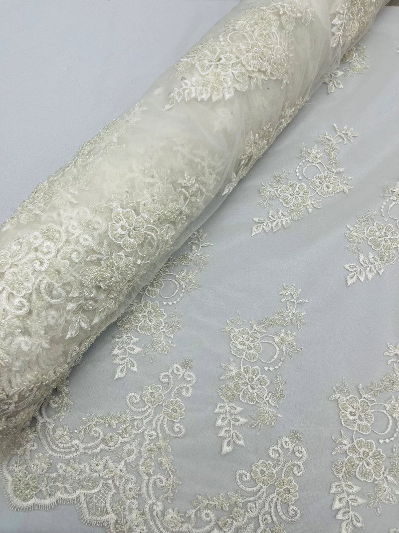 Beaded Floral Fabric - White - Embroidered Flower Cluster Beaded Fabric Sold By Yard